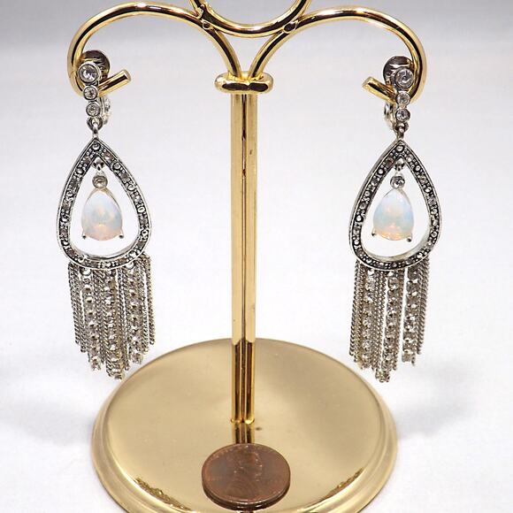 Vintage Monet Faux Opal Dangle Earrings Clear Rhinestones on Silver Tone - Picture 7 of 9